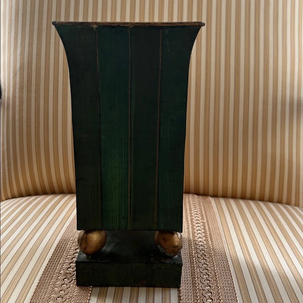 Vintage Green Floral Tin Plant Holder with Gold Accents